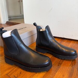 KLEMAN Tonnant Sleek Black Leather Chelsea Booties with Lug Sole Pull Tab